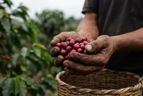 Hände halten frisch geerntete rote Kaffeekirschen auf einer Kaffeefinca nahe Salento Kolumbien
