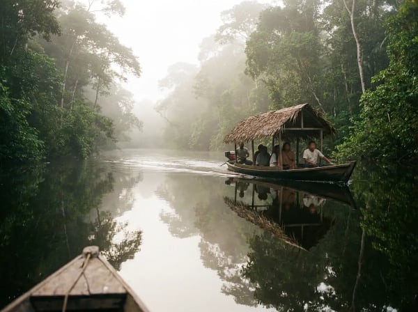 Boot auf dem Amazonas mit dichtem Regenwald am Ufer — Amacayacu Nationalpark Kolumbien