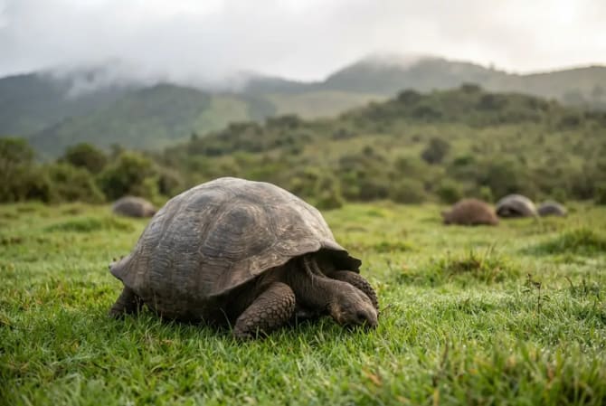 Galápagos-Riesenschildkröte im feuchten Hochland von Santa Cruz inmitten von Farn und Miconia