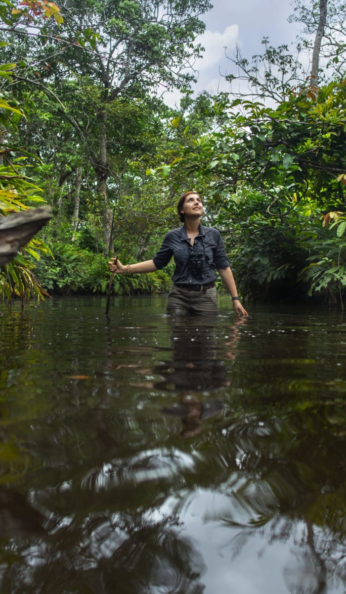 Eine Frau in dunklem Hemd watet durch einen Fluss in einem üppigen grünen Wald und schaut nach oben.