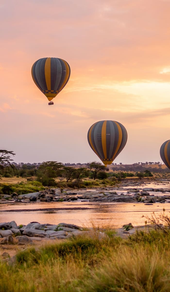 Three hot air balloons floating over the Serengeti plains at sunset with trees and a river below.