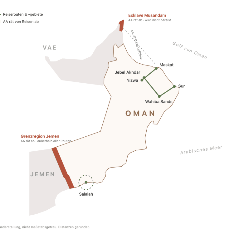 Map showing travel routes and areas in Oman, including key locations such as Muscat, Nizwa, Jebel Akhdar, Sur, Wahiba Sands, and Salalah. It highlights restricted regions near the Yemeni border and the Musandam exclave with travel advisories.