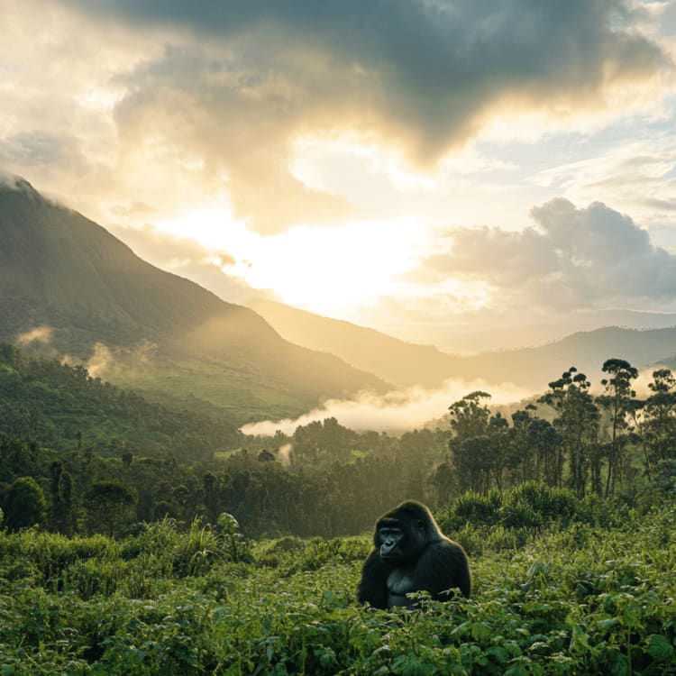 A lush green valley in Rwanda with mountains in the background and a meditating gorilla in the foreground during sunset.