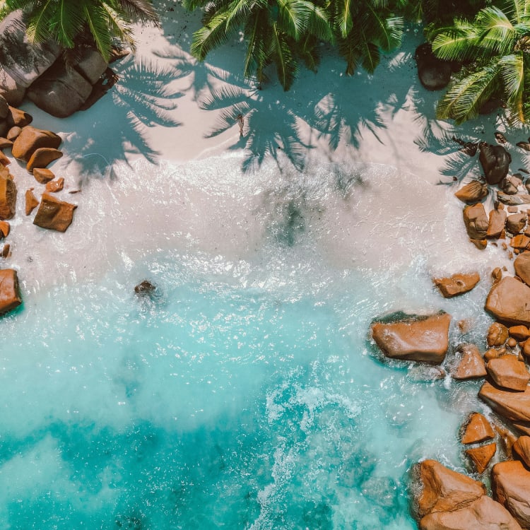 Luftaufnahme eines tropischen Strands mit türkisfarbenem Wasser, großen Felsen und üppigen Palmen.