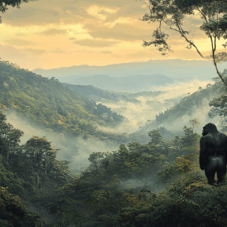 A large gorilla walking through a misty, lush rainforest valley at dawn.