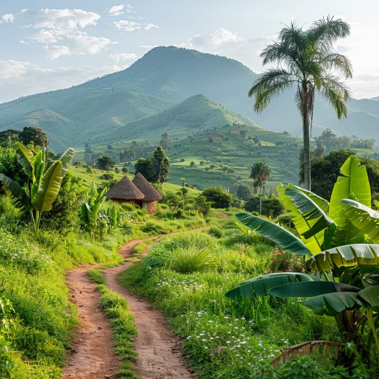 Üppige grüne Berge mit einem sandigen Weg, der durch tropische Vegetation und traditionelle Hütten mit Strohdächern führt.