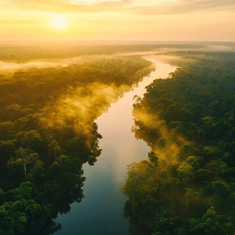 Ein Fluss, der sich durch einen üppigen grünen Regenwald bei Sonnenuntergang im Kongo schlängelt.