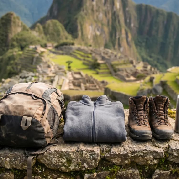 Ein Rucksack, eine gefaltete Jacke, Wanderschuhe und eine Metall-Wasserflasche auf einer Steinmauer mit der antiken Inkastadt Machu Picchu und umliegenden Bergen im Hintergrund.