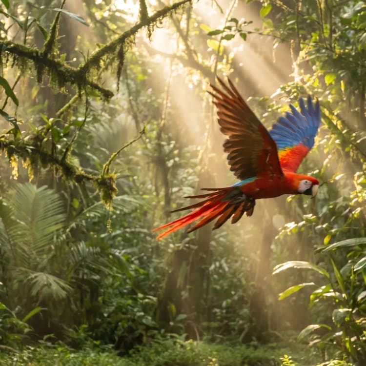 Ein leuchtend roter Arassari im Flug durch einen dichten, sonnenbeschienenen tropischen Regenwald mit Sonnenstrahlen, die durch das dichte grüne Laub fallen.