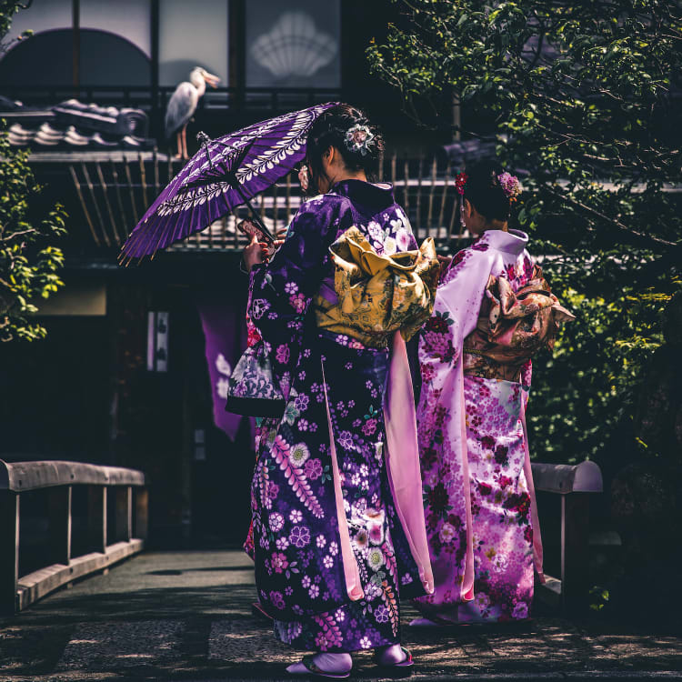 Zwei Frauen als Geishas in traditionellen Kimonos gehen einen Weg entlang, eine hält einen lila Sonnenschirm, im Hintergrund sind Grünpflanzen und ein Gebäude.