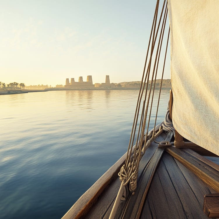A view from a boat sailing on a river with ancient Egyptian ruins and palm trees in the distance.