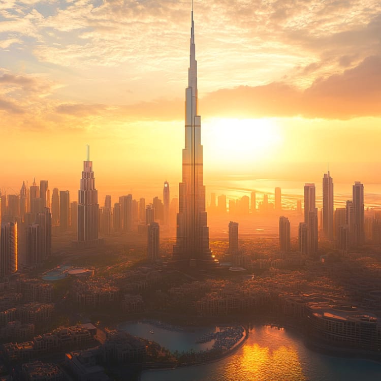 Sunset behind the Dubai skyline with the Burj Khalifa at the center, surrounded by numerous skyscrapers.