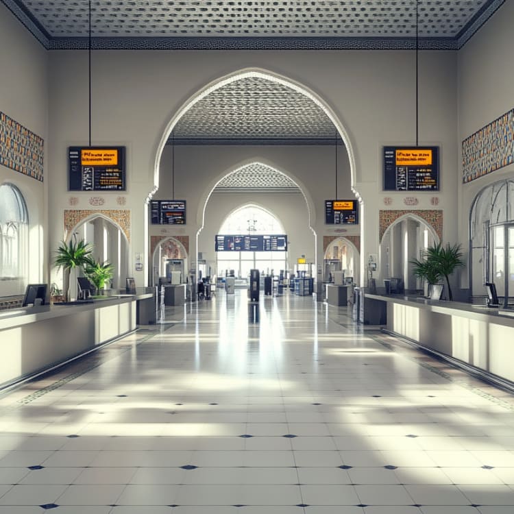 Heller, geräumiger Bahnhof mit Check-in-Schaltern und digitalen Anzeigetafeln, dekoriert mit marokkanischen Bögen und Mustern.