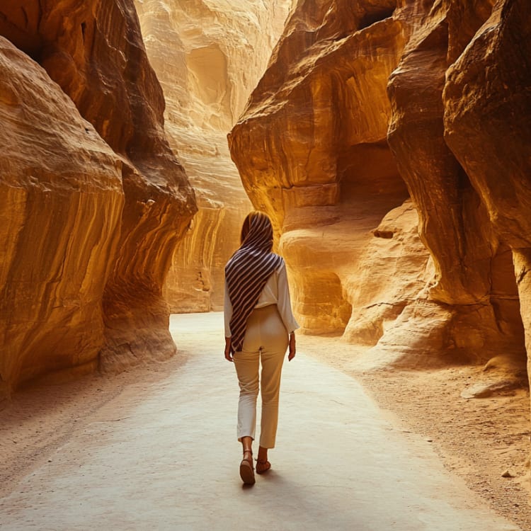 A woman walking through a narrow canyon with tall, layered rock formations in Jordan.