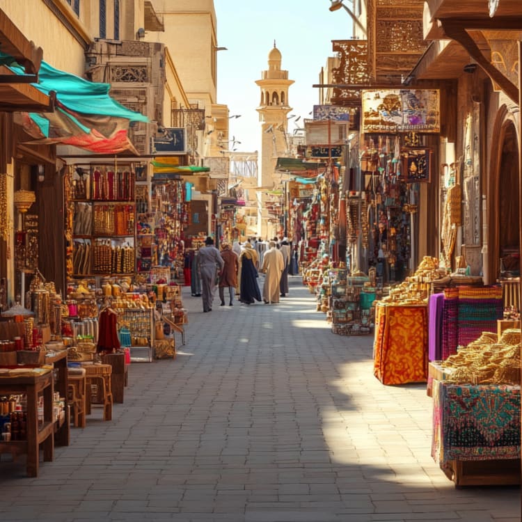 Ein geschäftiger Marktstraße in Bahrain mit verschiedenen Ständen, die Schmuck, Textilien und Souvenirs verkaufen, mit einem Minarett im Hintergrund.
