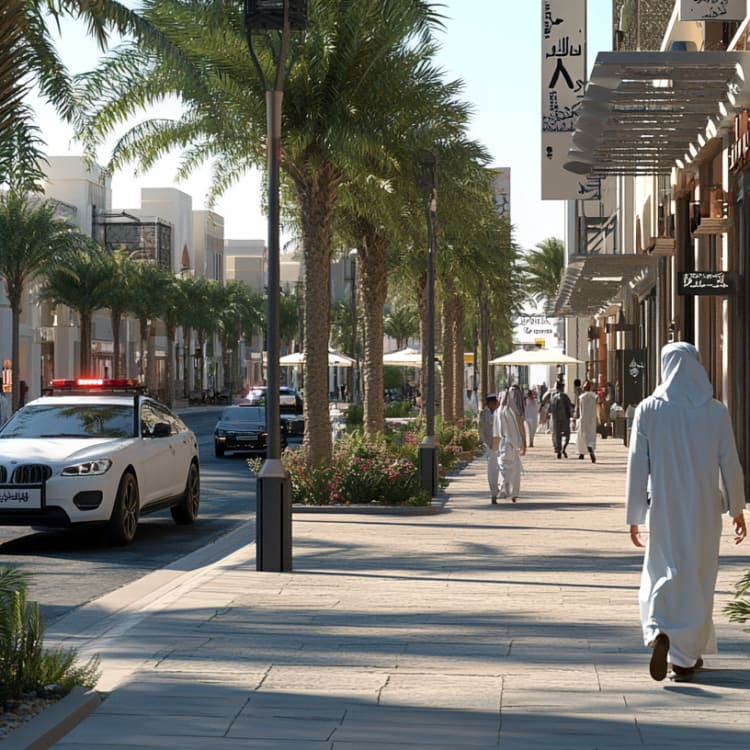 Eine lebhafte Stadtstraße in Dubai mit Palmen, modernen Gebäuden und Fußgängern.