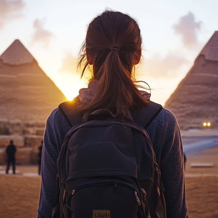 Eine Frau mit Rucksack, die bei Sonnenuntergang in Ägypten auf die Pyramiden blickt.