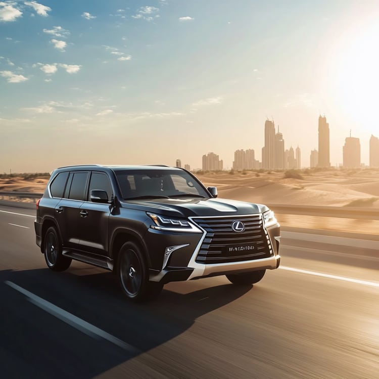 Ein schwarzer Lexus SUV fährt auf einer Autobahn mit Blick auf die Dubai-Hauptstadt im Hintergrund bei Sonnenuntergang.