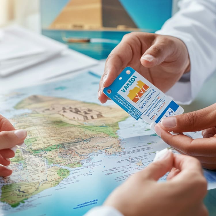 Ein Arzt oder Gesundheitsfachkraft übergibt eine Impfkarte an einen Patienten auf einer Landkarte von Ägypten.