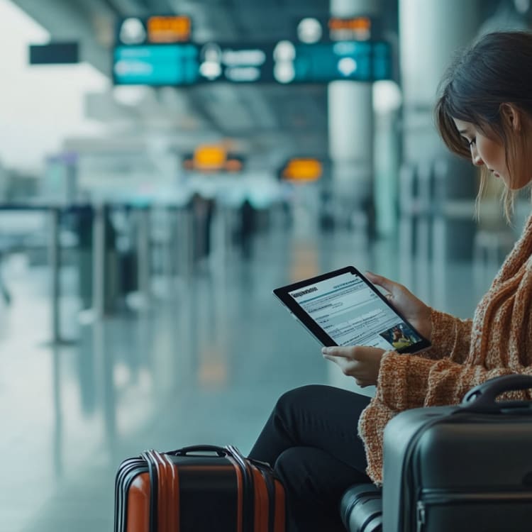 Eine junge Frau sitzt mit Gepäck am Flughafen und benutzt ein Tablet.