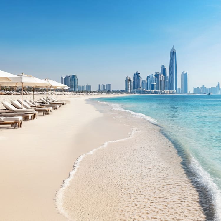 Leerer Strand mit weißem Sand, Sonnenliegen, Sonnenschirmen und Blick auf die Skyline einer Stadt im Hintergrund.