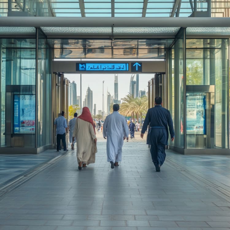 Menschen gehen durch einen modernen Glasteingang in Dubai, im Hintergrund sind Palmen und Wolkenkratzer sichtbar.