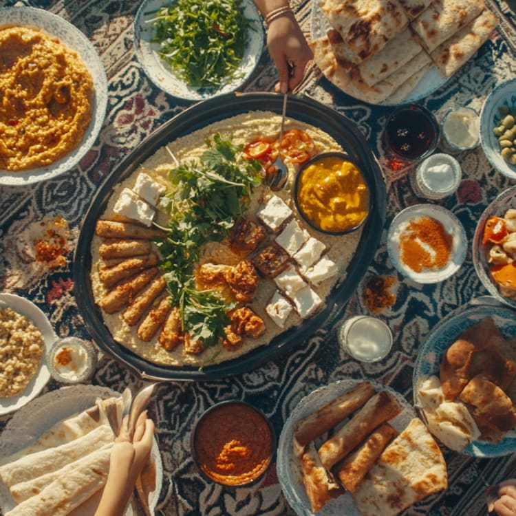 A colorful traditional Middle Eastern meal spread on a patterned tablecloth, featuring various bowls of salads, dips, bread, and grilled meats.