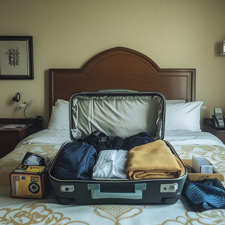 Ein offener Koffer mit Kleidung, Kamera und Reiseutensilien auf einem Bett in einem Hotelzimmer.