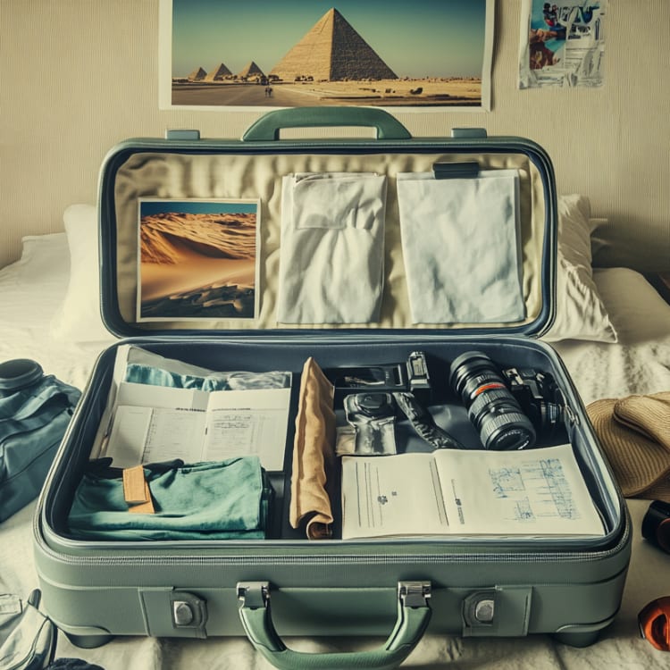 Ein Hotelzimmer mit einem geöffneten, sorgfältig gepackten Koffer, gefüllt mit Kameras, Objektiven, einem Hut und Reisedokumenten, bereit für eine Ägyptenreise.