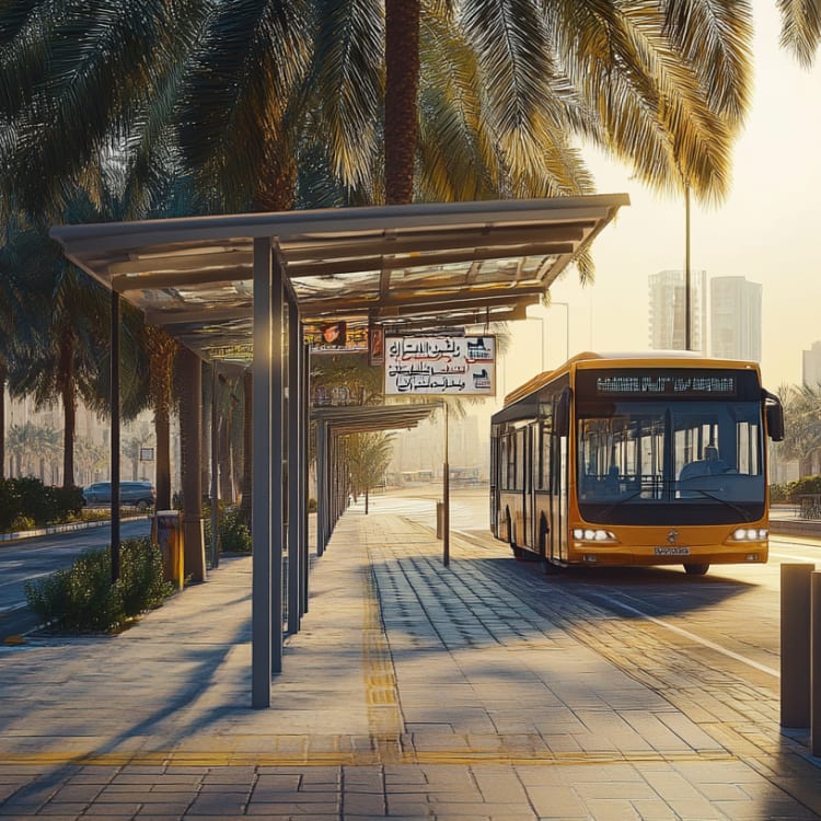 Eine Bushaltestelle mit einem gelben Bus in der Nähe auf einer Straße, die mit Palmen gesäumt ist, in Abu Dhabi bei Sonnenuntergang.
