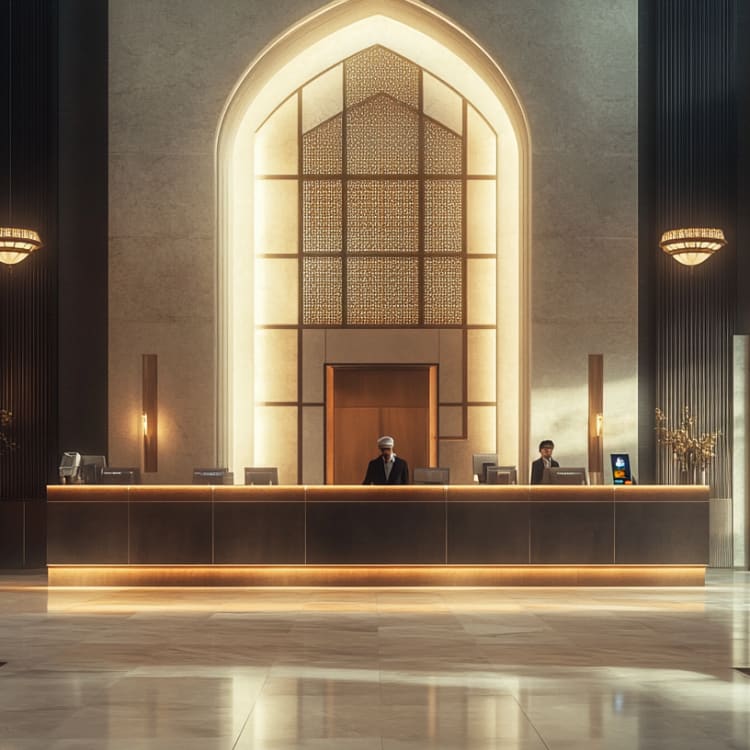 Luxurious hotel lobby with a high arched illuminated wall, a long reception desk, and two staff members attending guests.