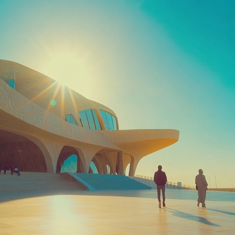 People walking along a modern architectural building by the water during sunset in Qatar.