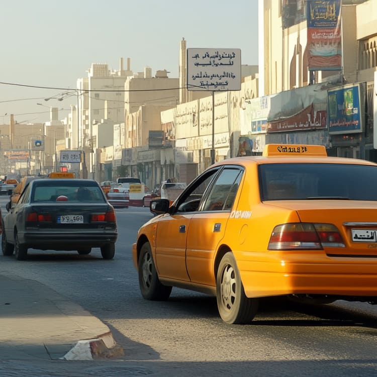 Eine belebte Straße in Bahrain mit Autos und Fußgängern, darunter ein gelber Taxi und Geschäfte an der Straße.
