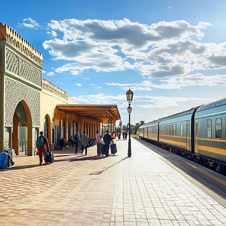 People waiting at a train station platform with a train on the right and a historic building in the background.