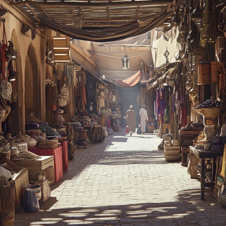 A bustling market street in Morocco with various stalls selling textiles, pottery, and clothing under shaded canopies.