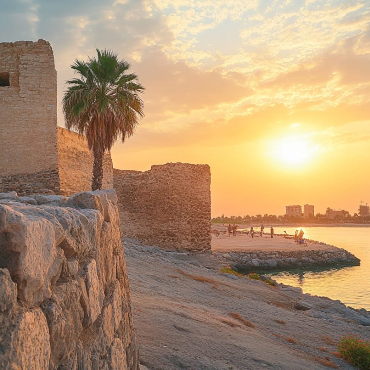 Alte Steinfestung mit Palmen bei Sonnenuntergang am Wasser in Bahrain.
