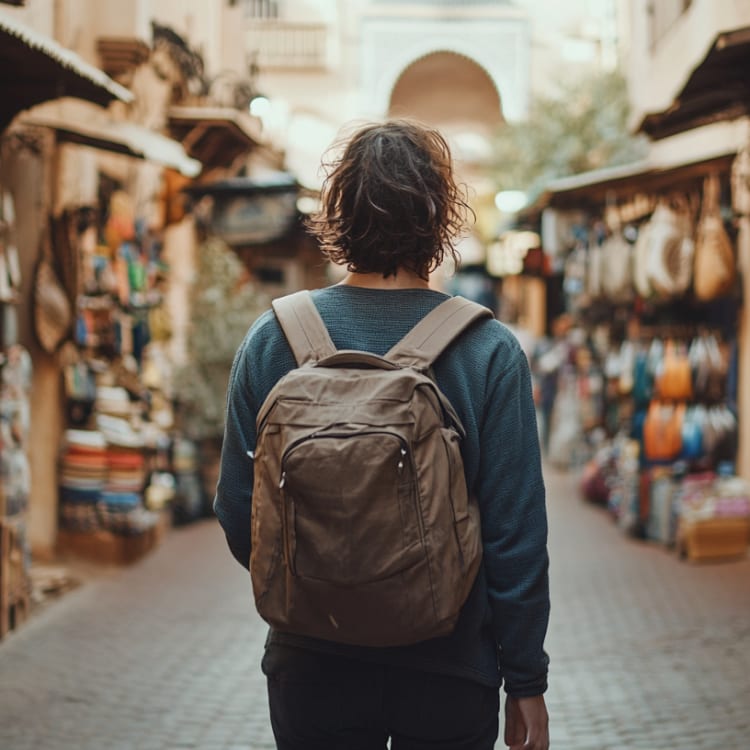 A person with a backpack walking through a bustling market street in Morocco.