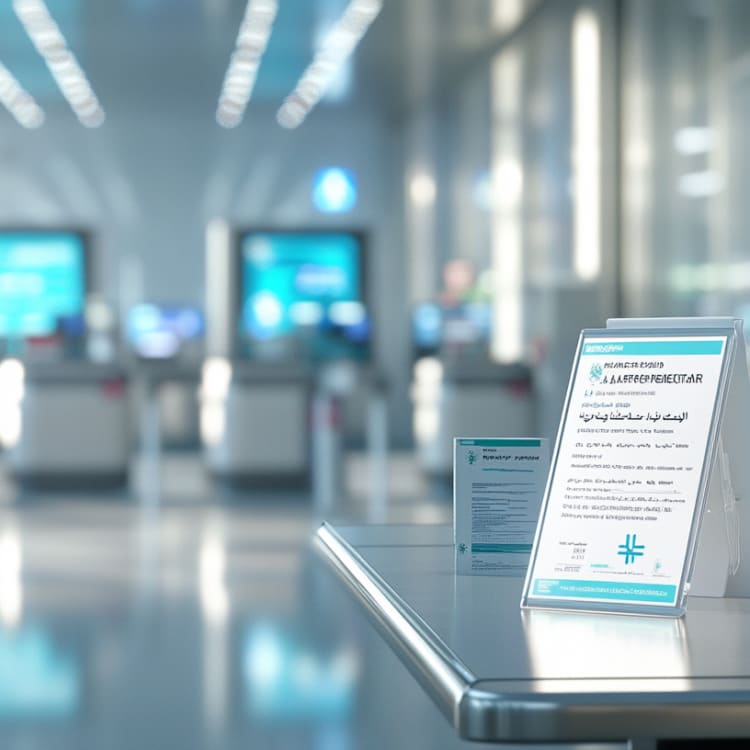 Impf- und Gesundheitsvorschriften-Schilder am Flughafen.