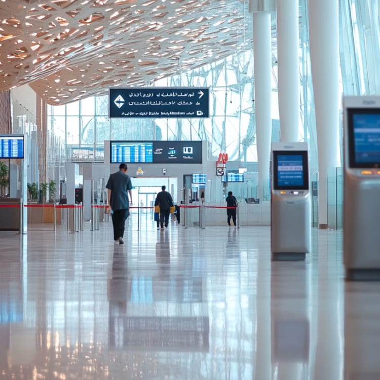 Innenansicht eines modernen Flughafens mit Check-in-Automaten und Reisenden