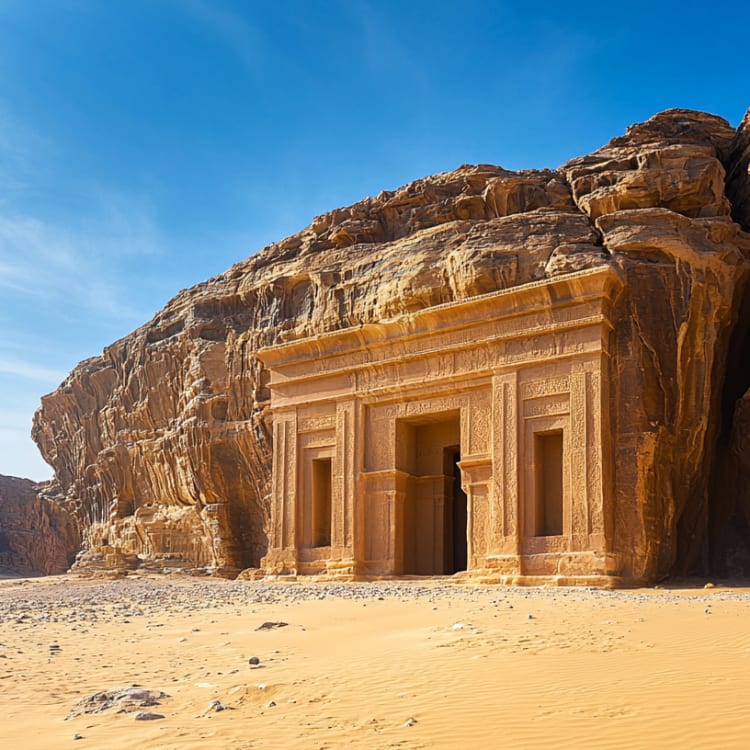 Alter Wein- und Felsengräber, die in Sandsteinfelsen in einer Wüstenlandschaft in Saudi-Arabien eingebaut sind.