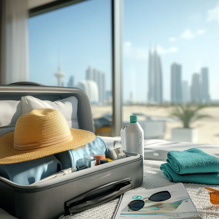 Packliste für einen Urlaub in Abu Dhabi auf einem Hotelbett mit Stadtblick außerhalb.