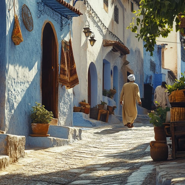 A narrow street in a Moroccan city with white and blue buildings, potted plants, and a person walking away.