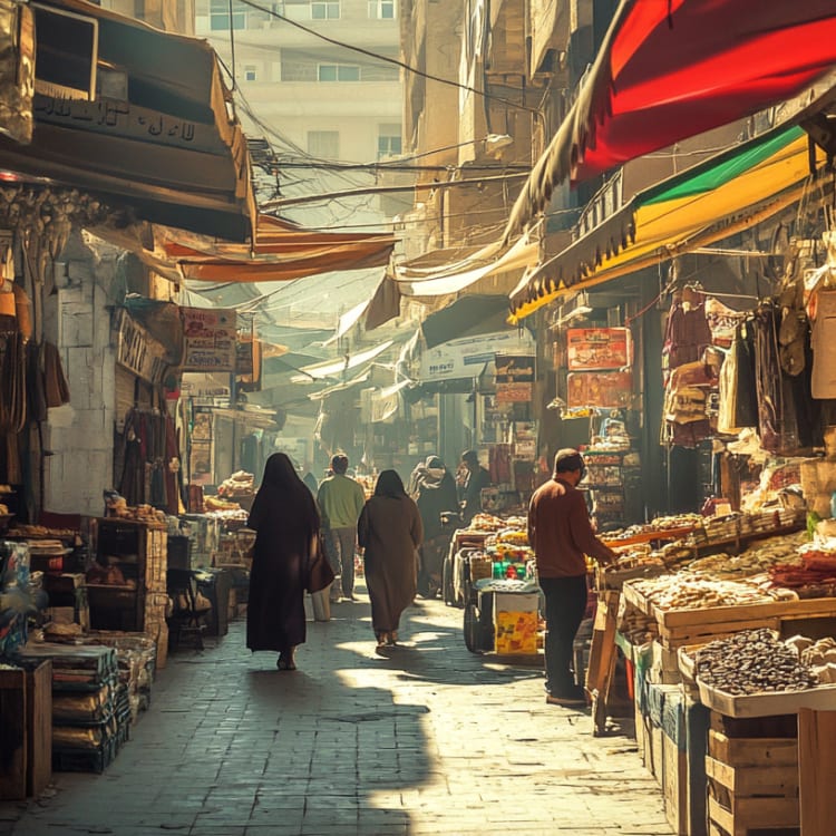 Eine belebte Marktplatzstraße in Jordanien mit verschiedenen Verkäufern und Einkaufenden unter bunten Sonnenschutzvorrichtungen.