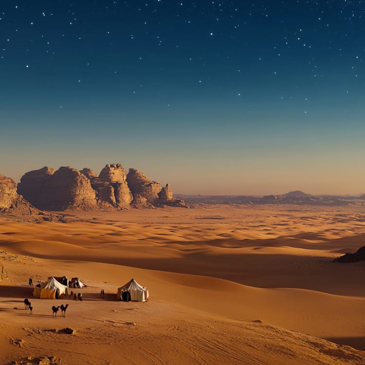 A vast desert landscape at night with rocky formations and small tents set up on the sand, under a starry sky.