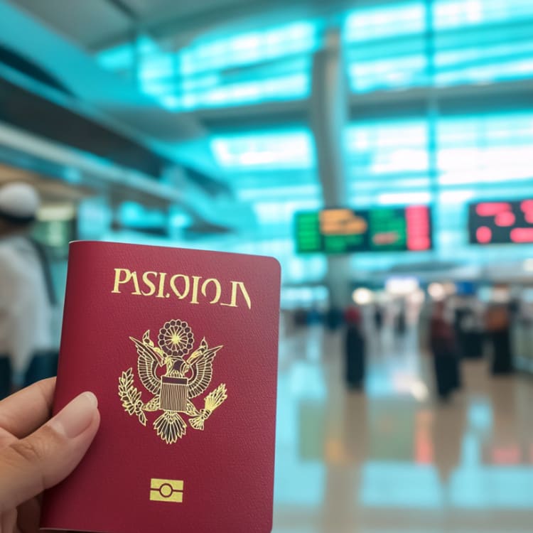 Eine Person hält einen Reisepass am Flughafen Dubai mit den Check-in-Schaltern im Hintergrund.