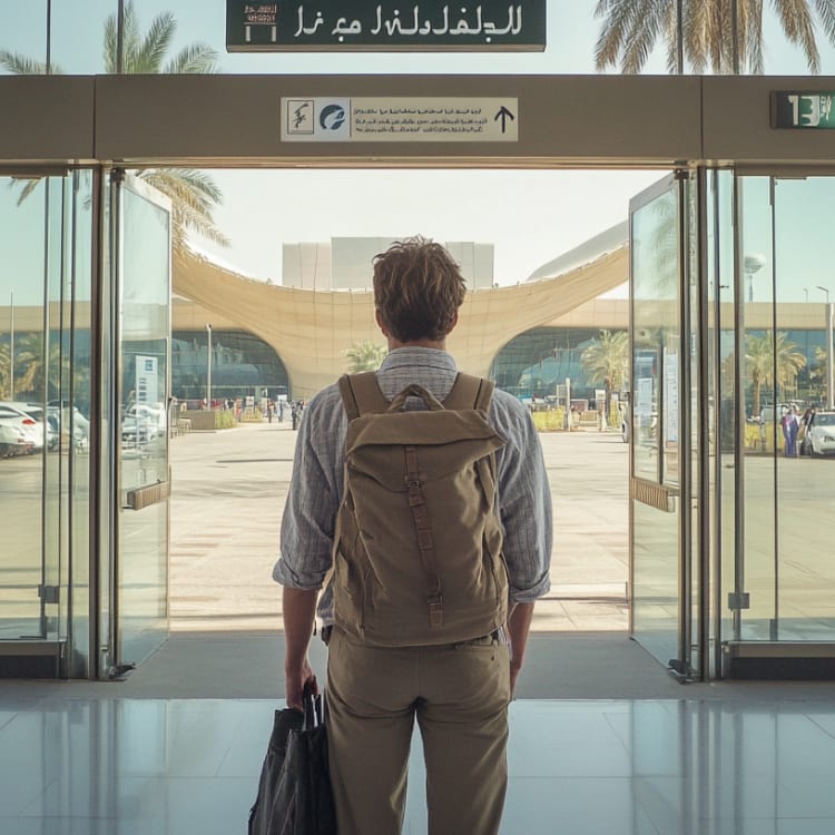 Ein Reisender mit Rucksack und Aktenkoffer steht vor einem gläsernen Eingang an einem Flughafen, bereit nach draußen zu gehen.