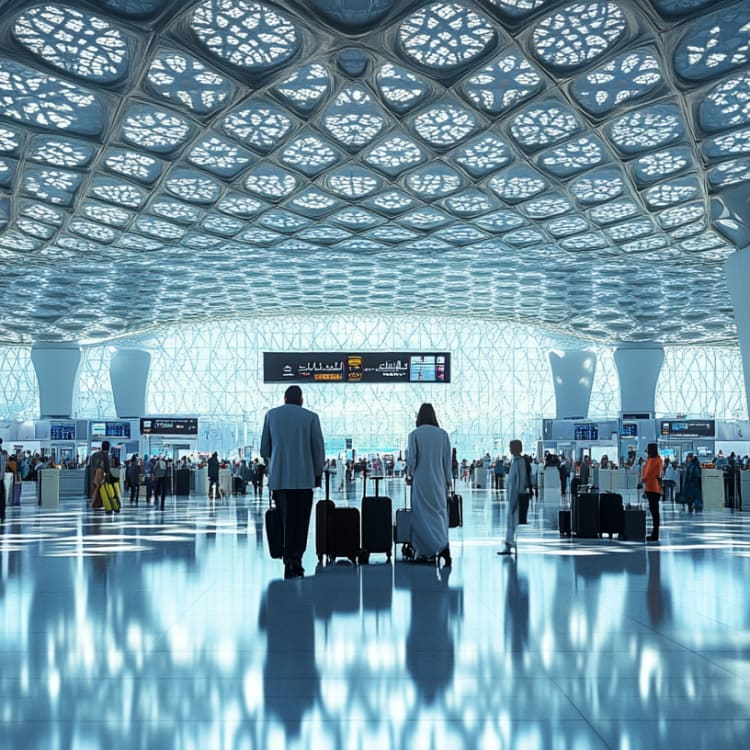 Innenansicht des Flughafens Abu Dhabi mit Reisenden und Gepäck unter einer markanten, gemusterten Decke.
