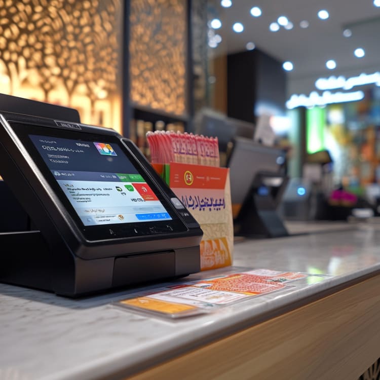 Ein modernes Kassen- und Kartenterminal auf einem Restaurant- oder Café-Theken in Saudi-Arabien.