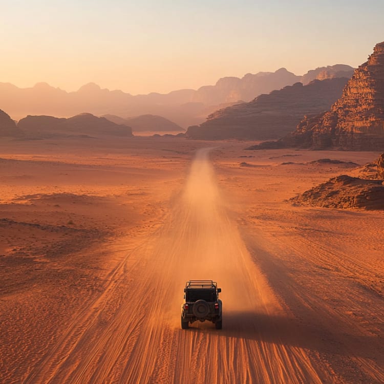 Ein Fahrzeug fährt auf einer sandigen Wüstenstraße in einer bergigen Landschaft bei Sonnenuntergang in Jordanien.