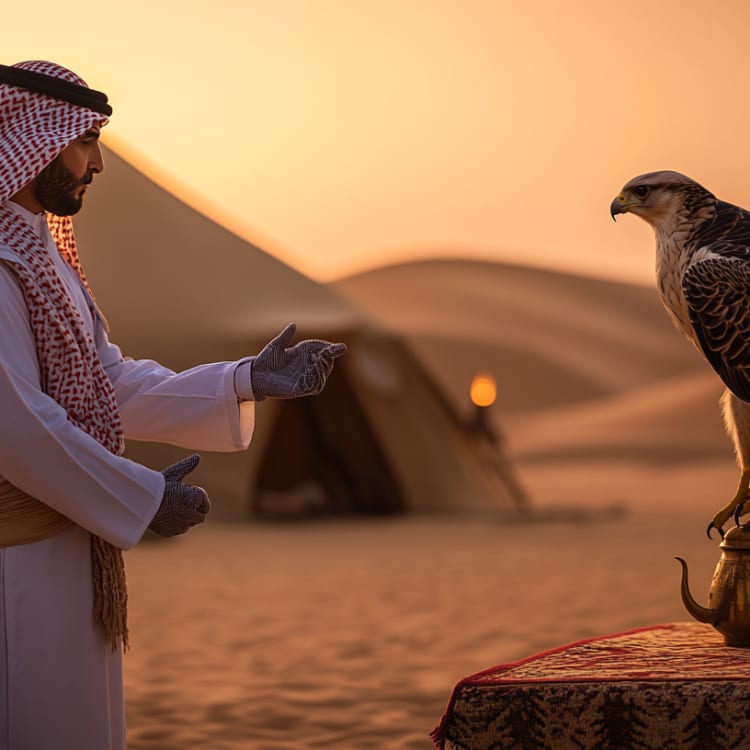 Ein Mann in traditioneller arabischer Kleidung interagiert mit einem Falken auf einer dekorativen Vorrichtung in einer Wüstenlandschaft bei Sonnenuntergang.